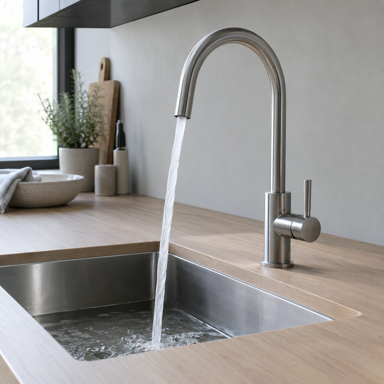 Moderne keukenkraan met lopend water boven een rvs spoelbak in een houten aanrechtblad